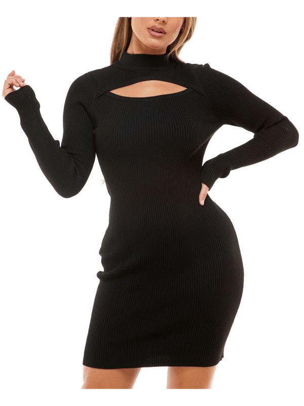 PLANET GOLD Womens Black Ribbed Cut Out Pullover Long Sleeve Mock Neck Short Party Body Con Dress For Sale