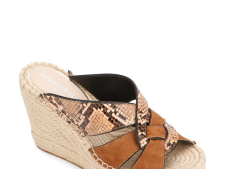 KENNETH COLE NEW YORK Womens Cocoa Beige Mixed Media Snakeskin Print Espadrille 1  Platform Padded Woven Olivia Open Toe Wedge Slip On Leather Heeled Mules Shoes Hot on Sale