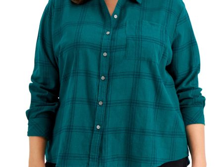 STYLE & COMPANY Womens Green Pocketed Step Hem Plaid Cuffed Sleeve Point Collar Button Up Top Online