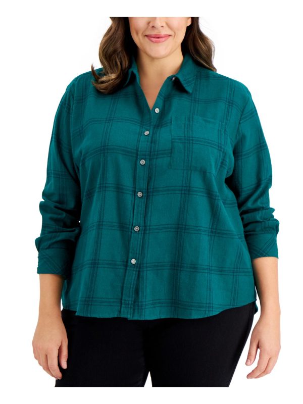 STYLE & COMPANY Womens Green Pocketed Step Hem Plaid Cuffed Sleeve Point Collar Button Up Top Online