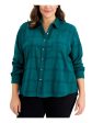 STYLE & COMPANY Womens Green Pocketed Step Hem Plaid Cuffed Sleeve Point Collar Button Up Top Online