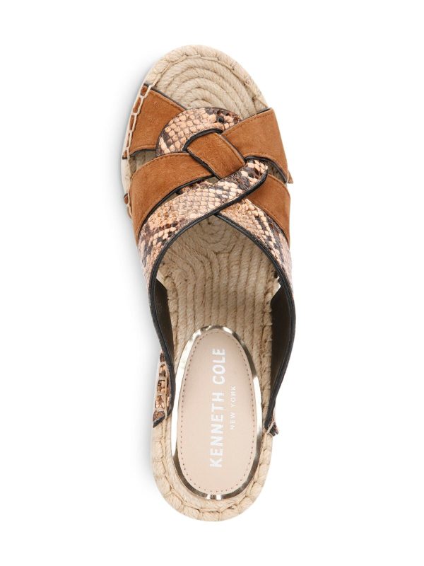 KENNETH COLE NEW YORK Womens Cocoa Beige Mixed Media Snakeskin Print Espadrille 1  Platform Padded Woven Olivia Open Toe Wedge Slip On Leather Heeled Mules Shoes Hot on Sale