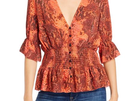 NOTES Womens Red Ruffled Elbow Sleeve Smocked Animal Print V Neck Top For Sale