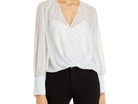 EMPORIO ARMANI Womens Ivory Sheer Crossover Front Plaid Cuffed Sleeve Top on Sale