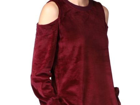 MICHAEL MICHAEL KORS Womens Maroon Cold Shoulder Slitted Velour Long Sleeve Crew Neck Top Sale