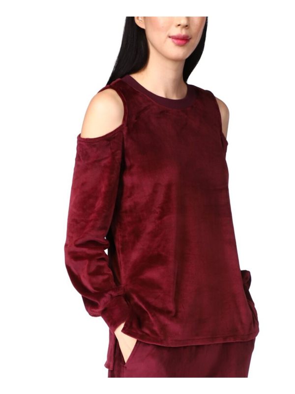 MICHAEL MICHAEL KORS Womens Maroon Cold Shoulder Slitted Velour Long Sleeve Crew Neck Top Sale