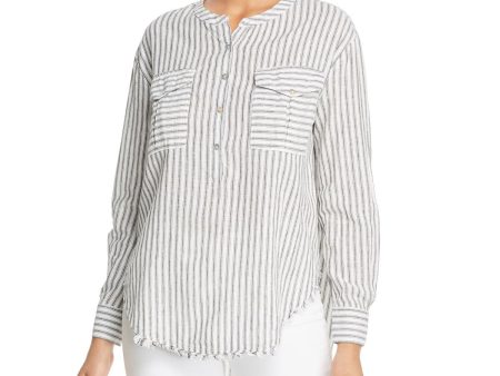 ELAN Womens Frayed Striped Cuffed Sleeve Crew Neck Button Up Top Sale