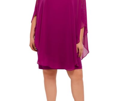 XSCAPE Womens Purple Stretch Cold Shoulder Chiffon Overlay Elbow Sleeve Boat Neck Above The Knee Evening Shift Dress on Sale