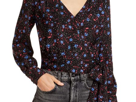 AQUA Womens Black Floral Long Sleeve V Neck Wrap Top Supply