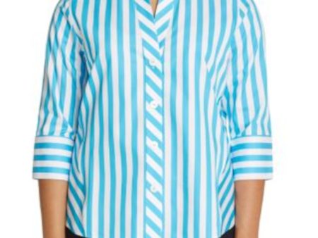 FOXCROFT Womens Stretch Striped 3 4 Sleeve Collared Button Up Top Online Hot Sale