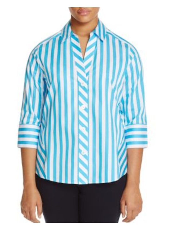 FOXCROFT Womens Stretch Striped 3 4 Sleeve Collared Button Up Top Online Hot Sale