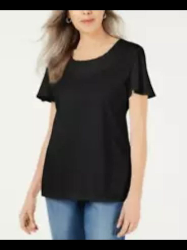 KAREN SCOTT Womens Black Flutter Scoop Neck Top Hot on Sale