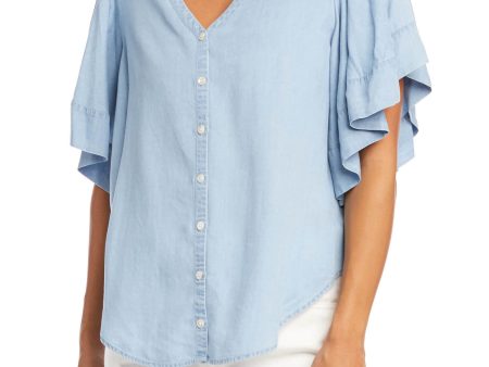 KAREN KANE Womens Light Blue Flutter Sleeve V Neck Button Up Top Hot on Sale