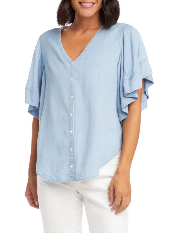 KAREN KANE Womens Light Blue Flutter Sleeve V Neck Button Up Top Hot on Sale