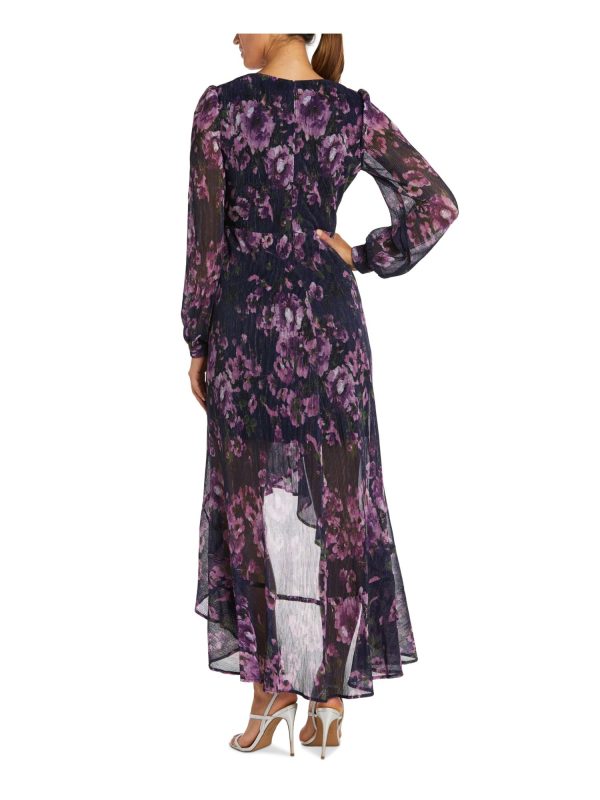 NIGHTWAY Womens Stretch Metallic Floral Long Sleeve Surplice Neckline Full-Length Evening Gown Dress Online Hot Sale