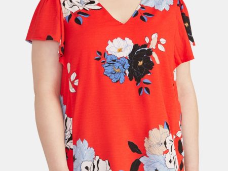 RACHEL ROY Womens Ruffled Floral Short Sleeve V Neck Top For Sale