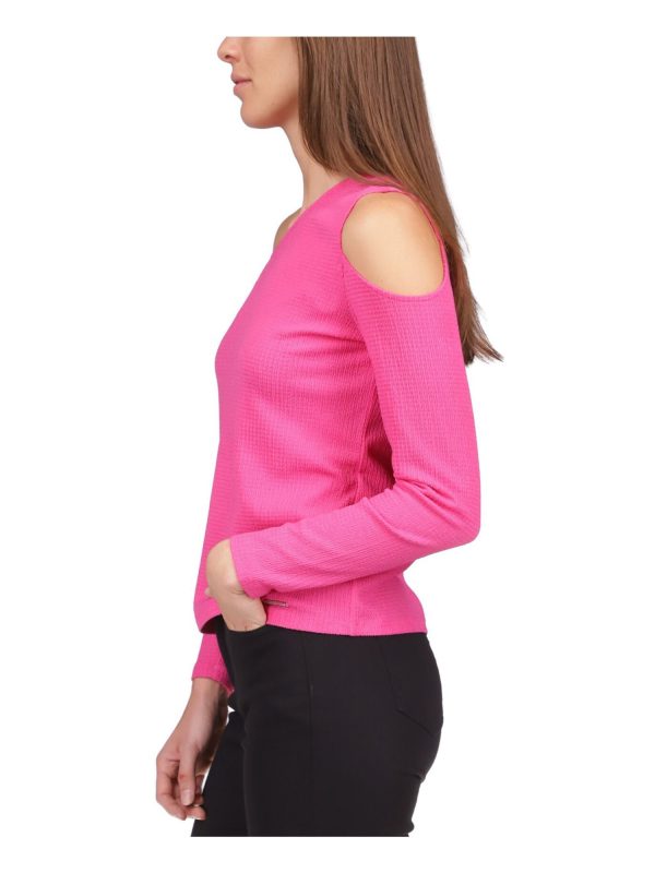 MICHAEL MICHAEL KORS Womens Pink Cold Shoulder Textured Long Sleeve Asymmetrical Neckline Top Sale