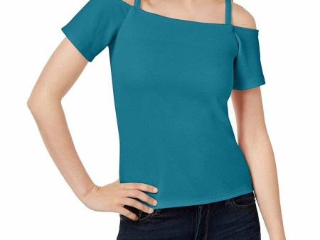 BAR III Womens Turquoise Cold Shoulder Short Sleeve Square Neck Top For Sale