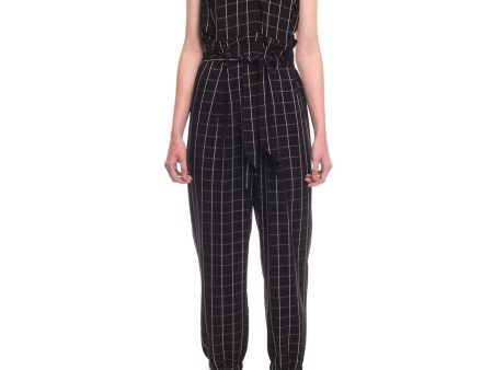 COLCCI Womens Black Belted Plaid Spaghetti Strap V Neck Skinny Jumpsuit Supply