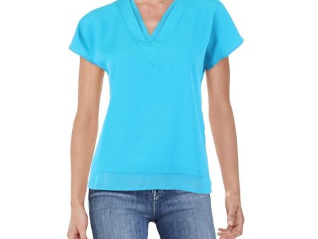 DKNY Womens Teal Textured Faux Layered Vented Hem Short Sleeve V Neck T-Shirt Supply