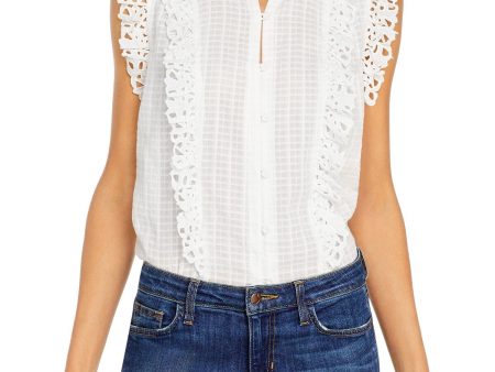 LA VIE BY REBECCA TAYLOR Womens White Lace Textured Flutter Sleeve Split Button Up Top For Sale