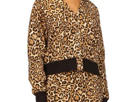 MICHAEL MICHAEL KORS Womens Beige Ribbed Unlined Button Up Animal Print Long Sleeve V Neck Boyfriend Cardigan on Sale