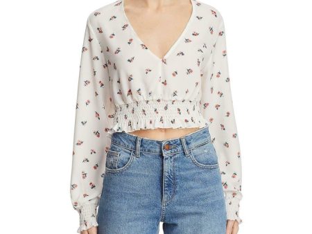 Fashion Union Womens White Cut Out Low Back Smocked Floral Long Sleeve V Neck Crop Top Online Hot Sale