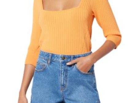 JOIE Womens Orange Ribbed 3 4 Sleeve Square Neck Top For Sale