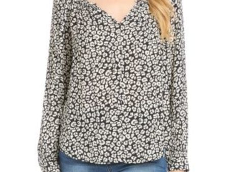 KAREN KANE Womens Black Gathered Curved Hem Printed Long Sleeve Split Peasant Top Online now