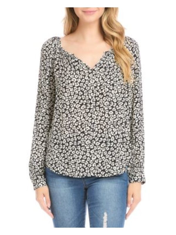 KAREN KANE Womens Black Gathered Curved Hem Printed Long Sleeve Split Peasant Top Online now