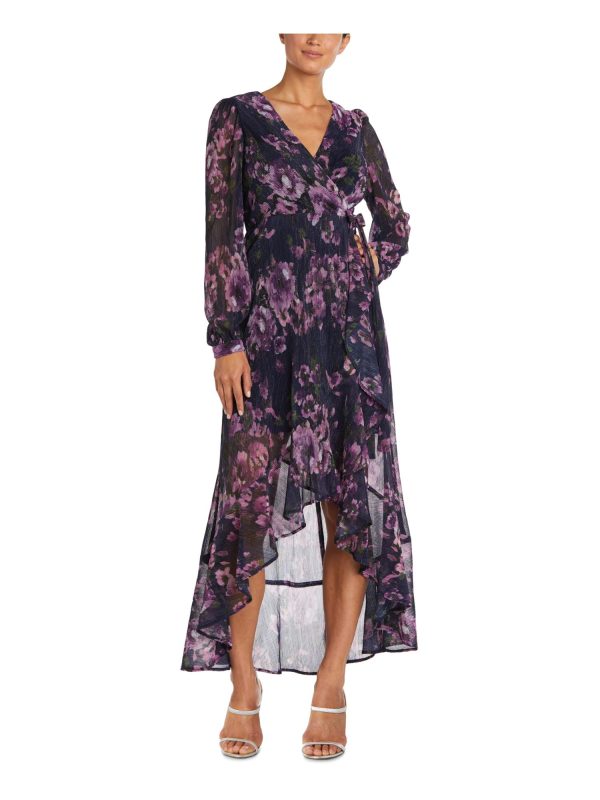 NIGHTWAY Womens Stretch Metallic Floral Long Sleeve Surplice Neckline Full-Length Evening Gown Dress Online Hot Sale