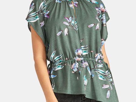 RACHEL ROY Womens Ruched Floral Short Sleeve Jewel Neck Top Online Hot Sale