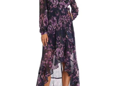 NIGHTWAY Womens Stretch Metallic Floral Long Sleeve Surplice Neckline Full-Length Evening Gown Dress Online Hot Sale