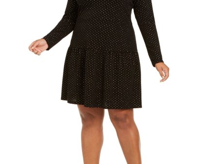 MICHAEL MICHAEL KORS Womens Black Stretch Embellished Zippered Unlined Long Sleeve Crew Neck Short Evening Drop Waist Dress on Sale