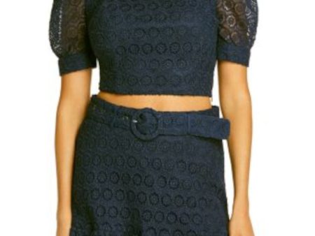 AQUA Womens Navy Lace Floral Pouf Square Neck Crop Top on Sale