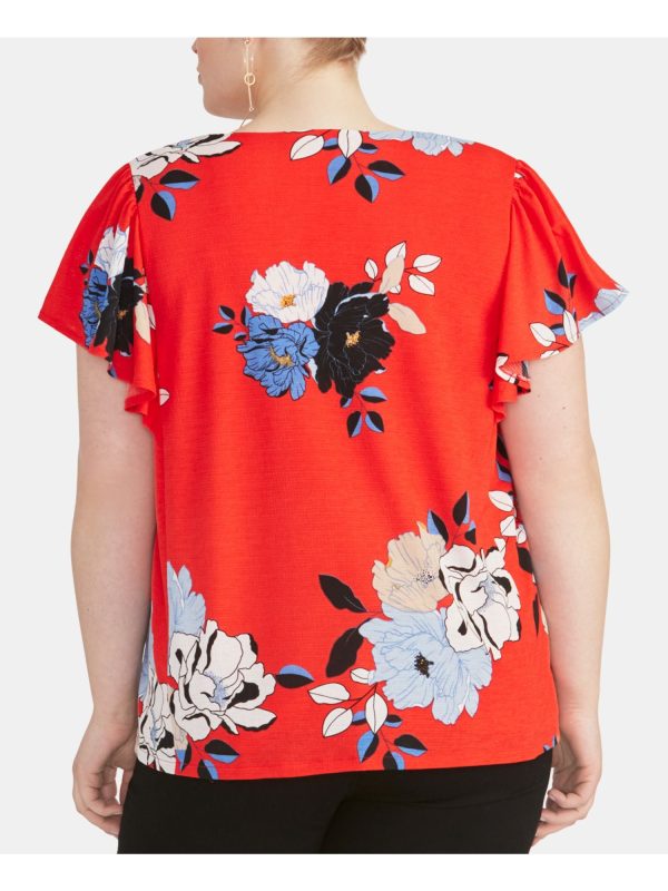 RACHEL ROY Womens Ruffled Floral Short Sleeve V Neck Top For Sale