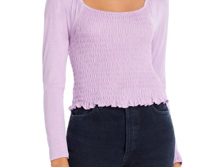 AQUA Womens Purple Gathered Long Sleeve Scoop Neck Crop Top Fashion