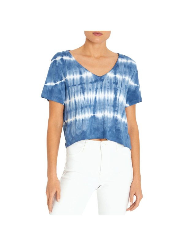 THREE DOTS Womens Blue Tie Dye Short Sleeve V Neck T-Shirt For Cheap