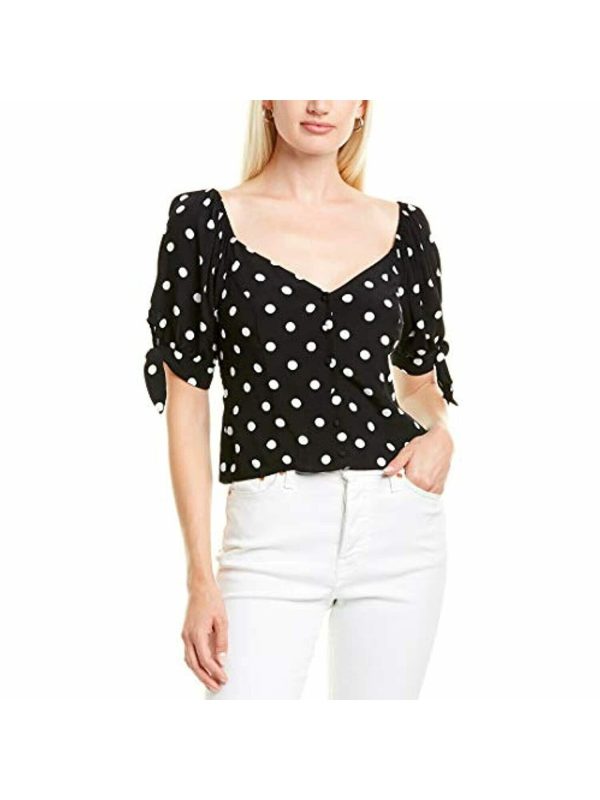 1. STATE Womens Black Polka Dot V Neck Button Up Top For Cheap