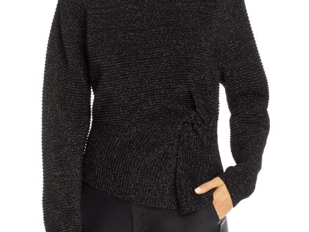 MASON Womens Black Glitter Knot-front Long Sleeve Crew Neck Peplum Top on Sale