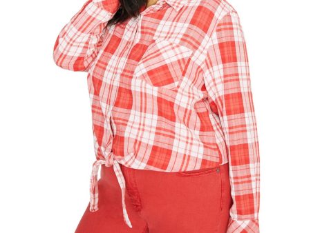 SANCTUARY Womens Red Pocketed Tie Front Plaid Cuffed Sleeve Collared Button Up Top For Cheap