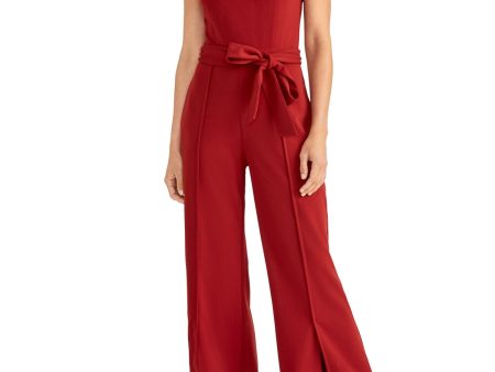 RACHEL ROY Womens Red Tie Ruffled Cap Sleeve Sweetheart Neckline Party Wide Leg Jumpsuit Cheap