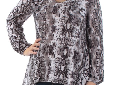 INC Womens Gray Pocketed Animal Print Long Sleeve V Neck Trapeze Top Sale