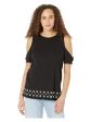 MICHAEL MICHAEL KORS Womens Black Cold Shoulder Grommets At Hem Heather Short Sleeve Crew Neck Top Discount