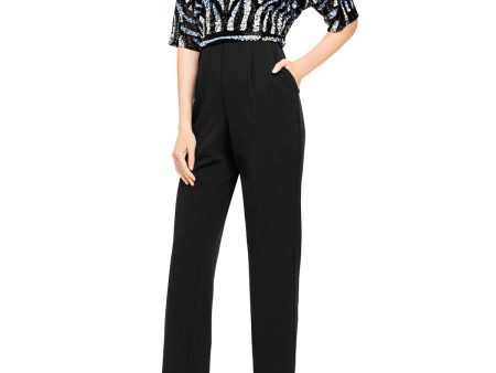 AIDAN MATTOX Womens Sequined Printed Elbow Sleeve V Neck Evening Jumpsuit Hot on Sale