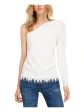 LEYDEN Womens Ivory Fringed Embroidered Long Sleeve Asymmetrical Neckline Party T-Shirt Hot on Sale