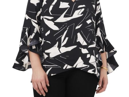 VINCE CAMUTO Womens Black Printed Long Sleeve V Neck Top Hot on Sale