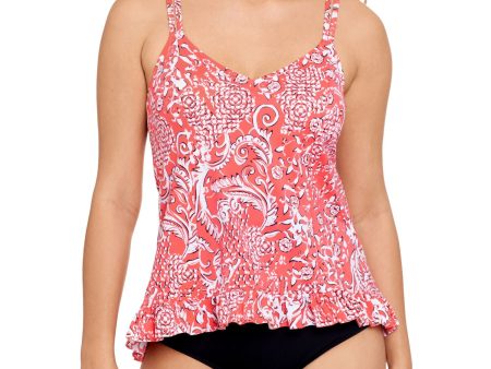 SWIM SOLUTIONS Women s Coral Printed Stretch Lined  Ruffled Hem Deep V Neck Adjustable Mix It Up Tankini Swimsuit Top on Sale