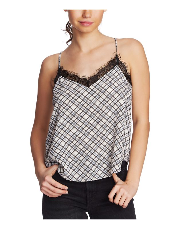 1. STATE Womens Black Lace Plaid Spaghetti Strap V Neck Tank Top For Cheap