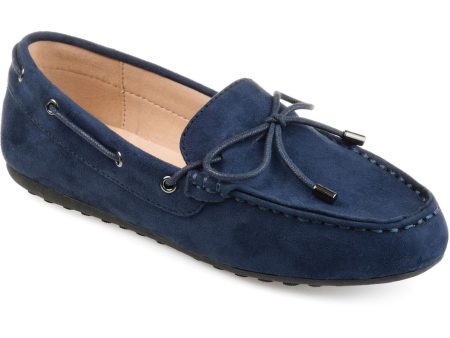 JOURNEE COLLECTION Womens Navy Moccasin Style Padded Bow Accent Thatch Round Toe Slip On Loafers Shoes For Cheap